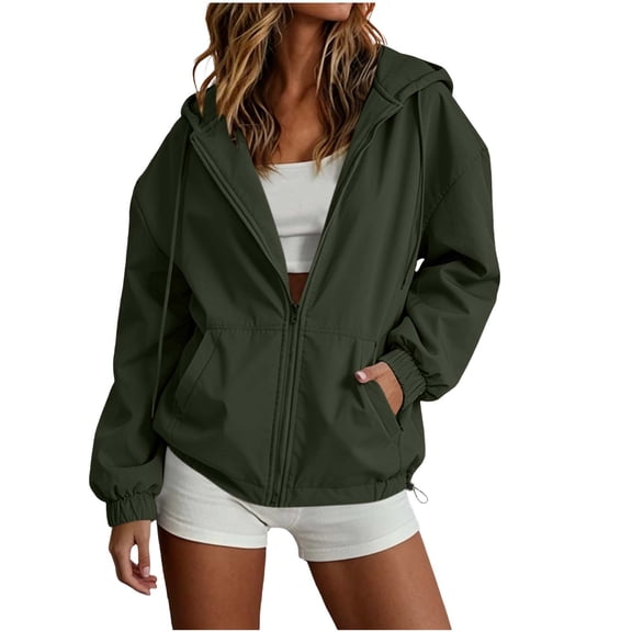 Qiopertar Women's Waterproof Jacket Hooded Zip Loose Oversized Casual Lightweight Outdoor Windbreaker Long Sleeve Solid Spring Summer Travel Coat, Army Green L