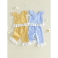 thumbnail image 3 of BemeyourBBs 2Pcs Toddler Baby Girls Summer Clothes Cute Infant Baby Girl 2 Pieces Outfits Flying Sleeve Plaid Print Back Bow Lace Trim Shirt Tops and Elastic Waist Pants Set, 3 of 9