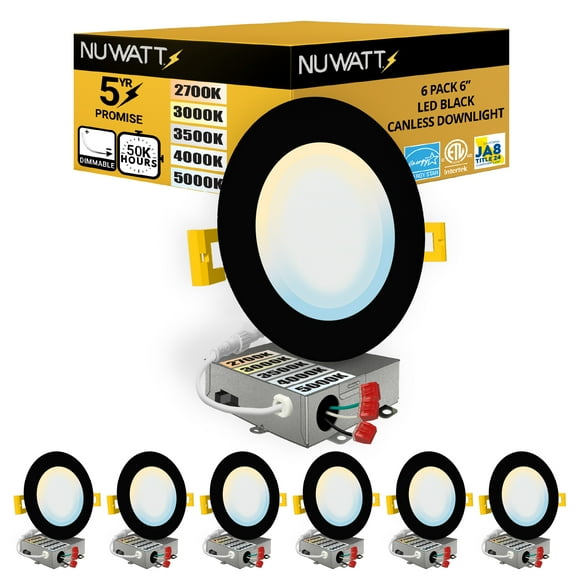 NUWATT 6 Pack, 6 Inch Ultra-Thin Black LED Recessed Lighting, 5CCT 2700K/3000K/3500K/4000K/5000K Selectable, High Brightness 1050 Lumens, Dimmable Canless Slim Wafer Light, IC Rated, Metal J-Box, ETL