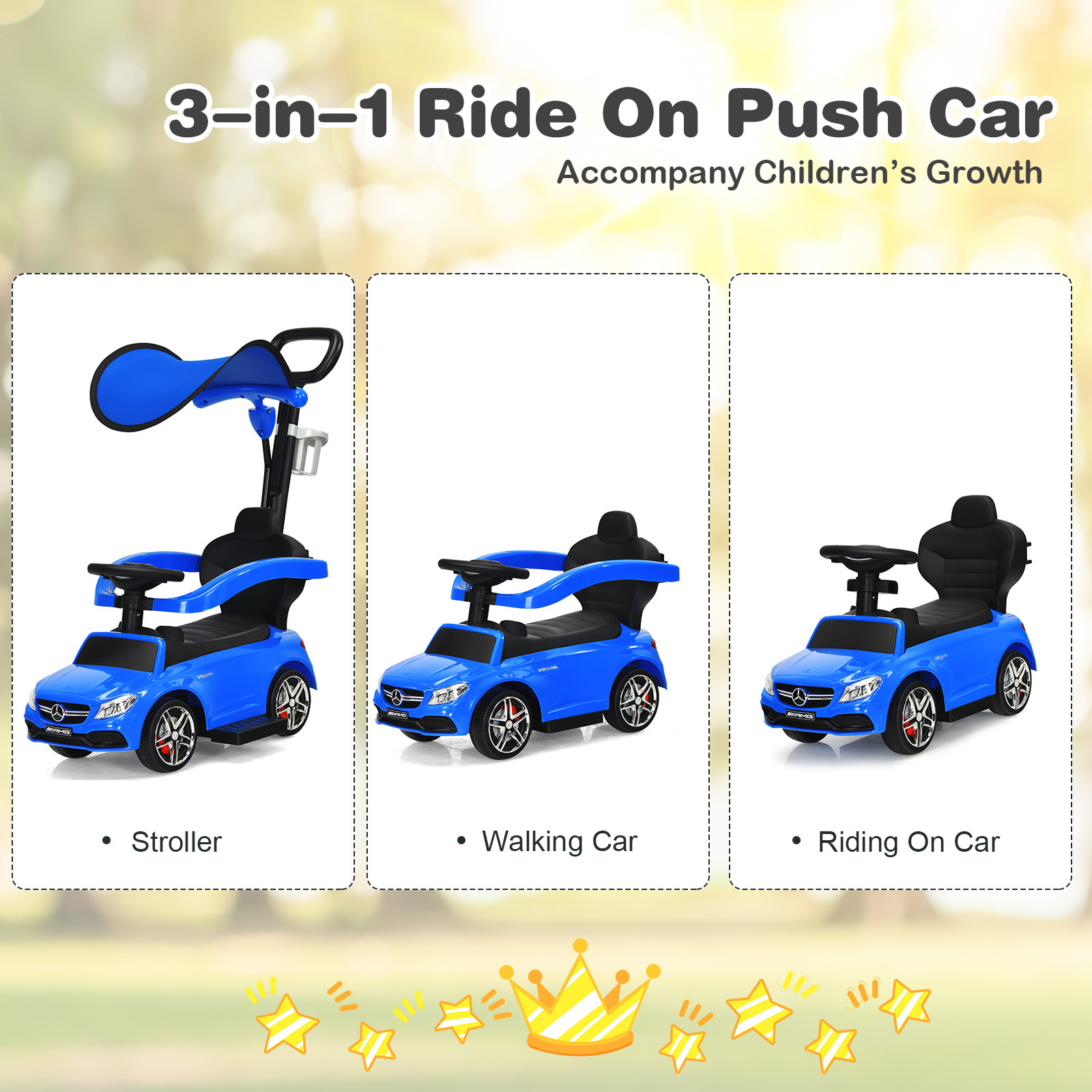 Infans 3 in 1 Ride on Push Car Mercedes Benz Toddler Stroller Sliding Car Blue