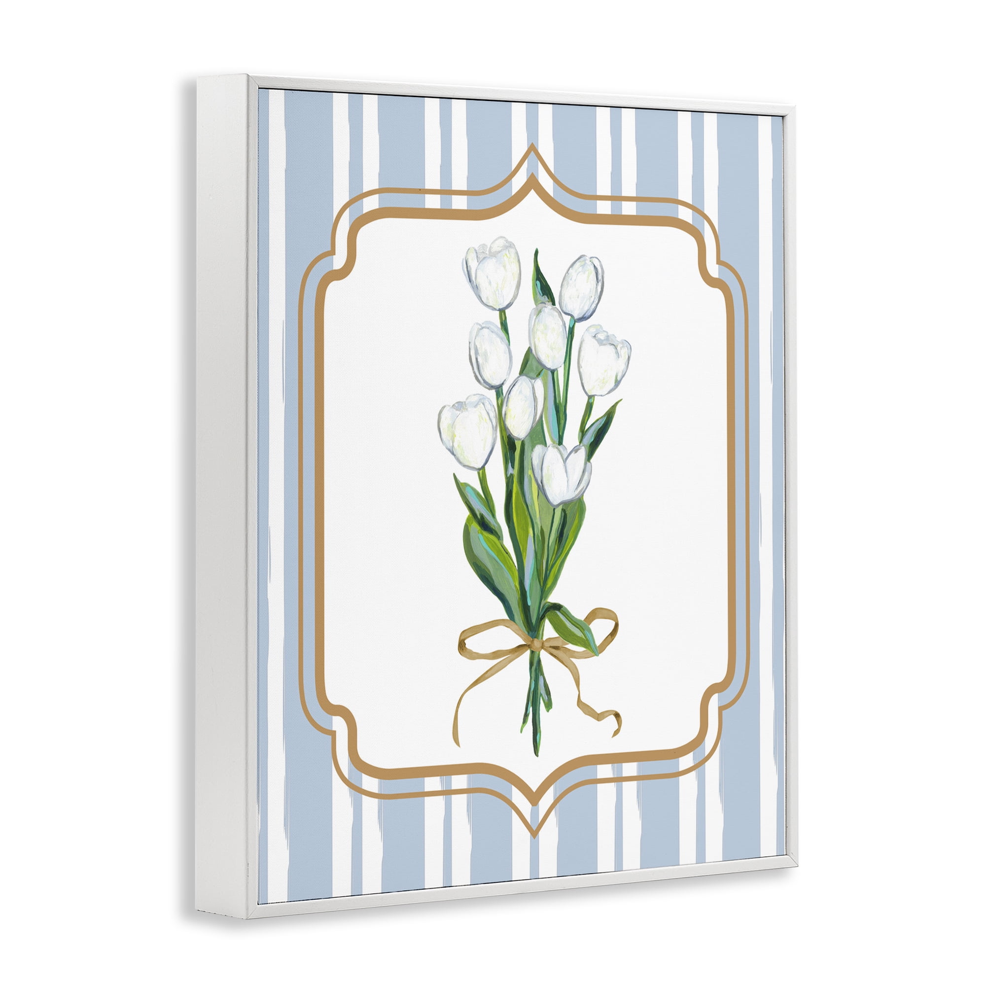 White Tulip Bouquet & Stripes White Framed Giclee Art, design by Adonna Ebrahimi