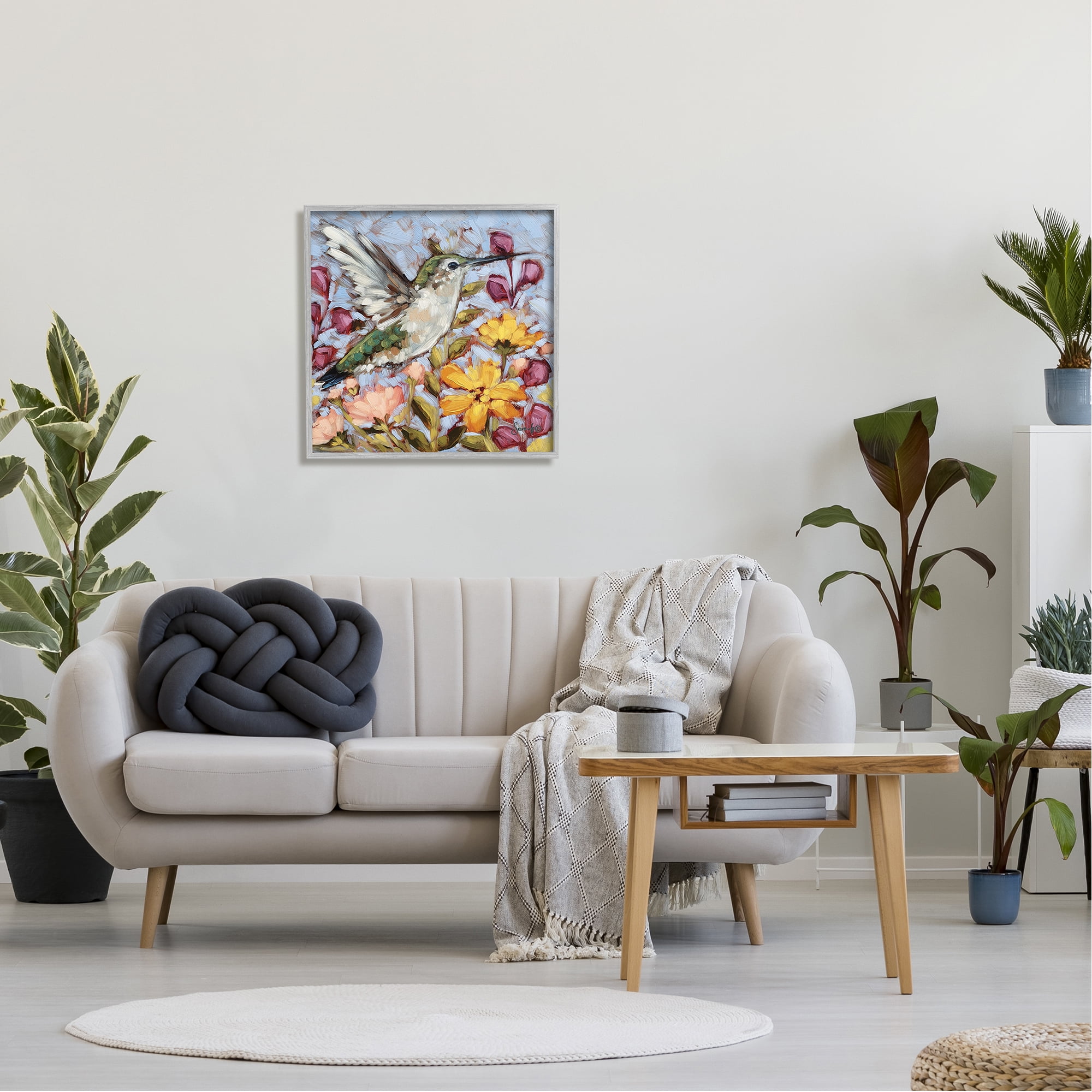 Stupell Hummingbird Spring Garden Flowers Animals & Insects Painting Gray Framed Art Print Wall Art