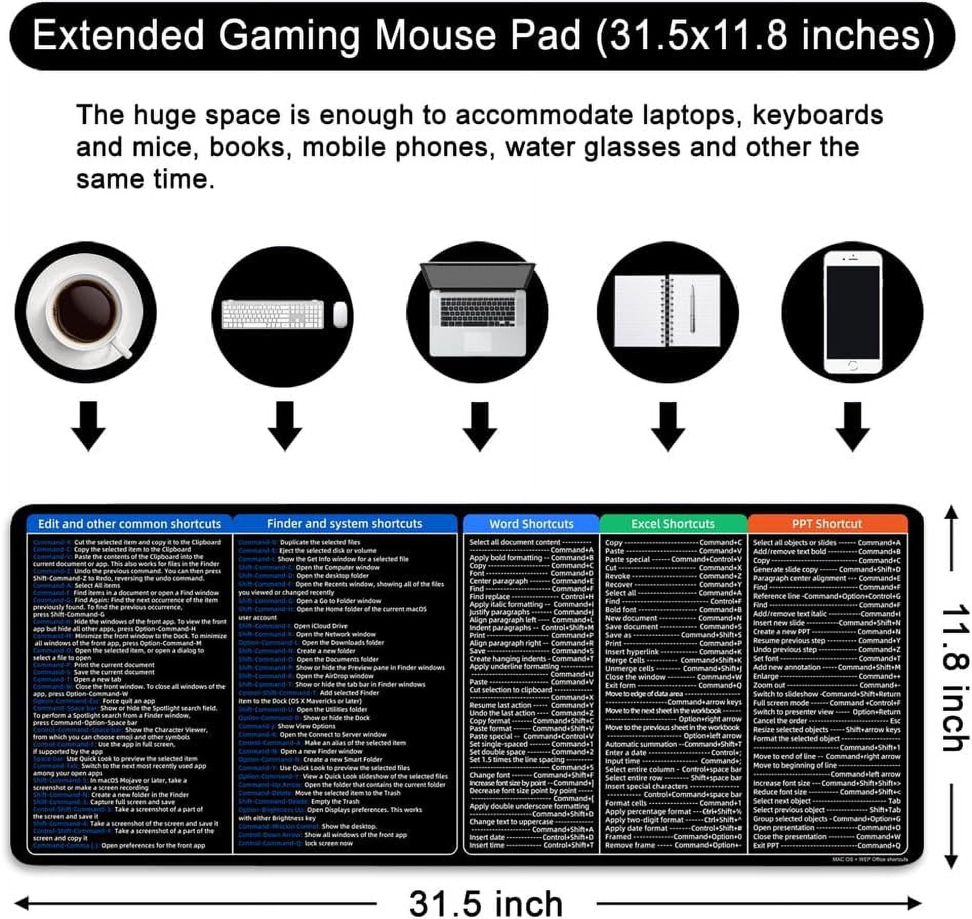 MAC Shortcut Key Mouse Pad Black Large Gaming Mouse Pad XL Desk Mat 31.5x11.8x0.12 inch Large Mouse Pad for Desk (MAC Shortcut Key)