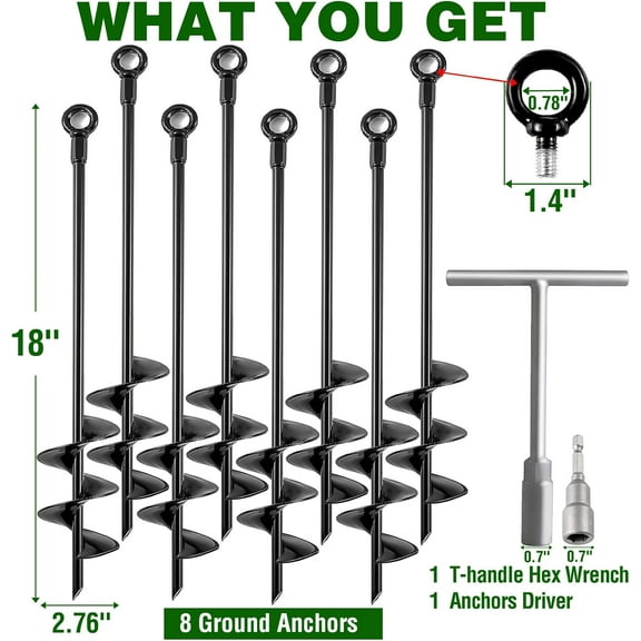 Ground Anchors Heavy Duty, Swing Set Anchor Kit 18 Inch 8 Pack Screw in Earth Anchors Trampoline Stakes High Wind Metal Auger Anchor for Shed Tent Carports Securing Animals Camping Mobile Home