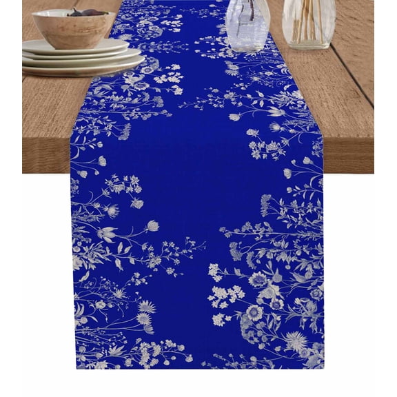 Ldtrchee Flowers Blue Table Runner 48 Inches, Fall Winter Vintage Botanical Plants Herb Bed Runner Dresser Scarves Tabletop for Indoor Outdoor Parties/Ceremony/Banquet, 13" x 48"
