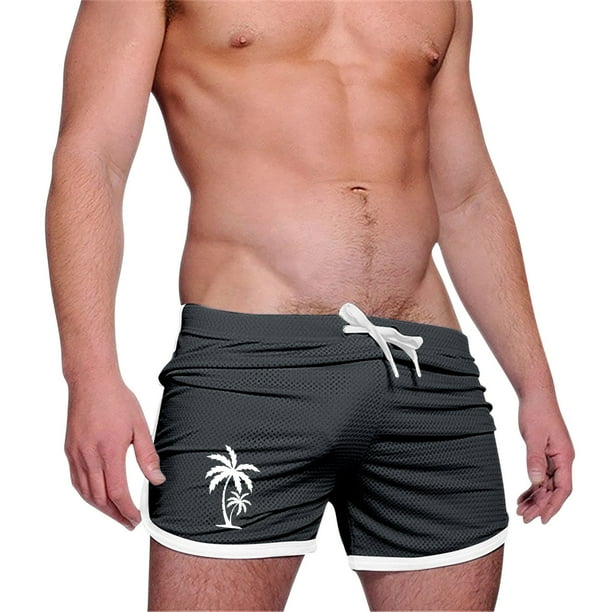 Pantalones Cortos Casuales de la Malla de la Impresión Del Árbol de Palma de los Hombres Tres Cuartos de Pantalones Cortos Deportivos, Pantalones Cortos de Entrenamiento de Ejercicio Respirables con B