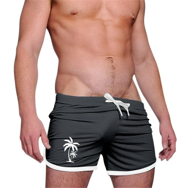 Pantalones Cortos Casuales de la Malla de la Impresión Del Árbol de Palma de los Hombres Tres Cuartos de Pantalones Cortos Deportivos, Pantalones Cortos de Entrenamiento de Ejercicio Respirables con B