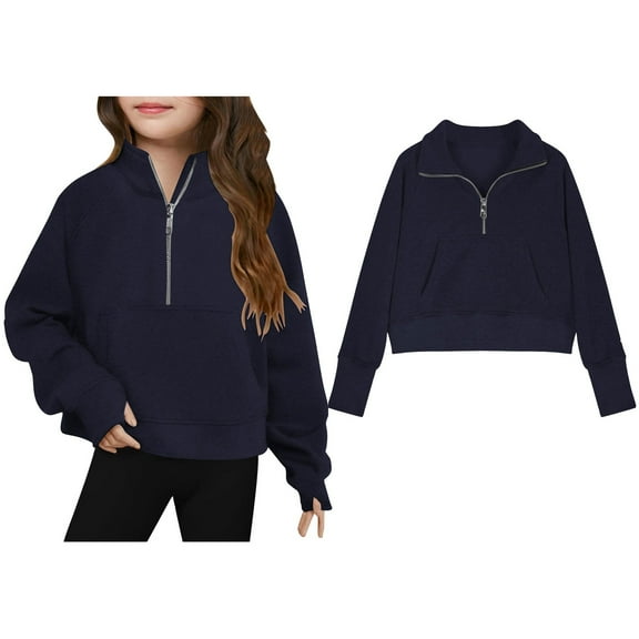 Sweatshirts Girls Long Sleeve Zipper Navy Sweatshirts Crewneck Loose Fit Pullover Tops Fall Clothes Boys 160 Clothes Boys Girls Fashion