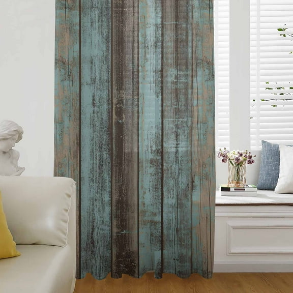 Teal Wood Grain Semi Sheer Curtains Drapes for Living Room, Bedroom, French Doors Window 84 Inches Long, Gradient Farm Old Wooden Board Vintage Rod Pocket Chiffon Curtain Drapery Voile Drape Panel