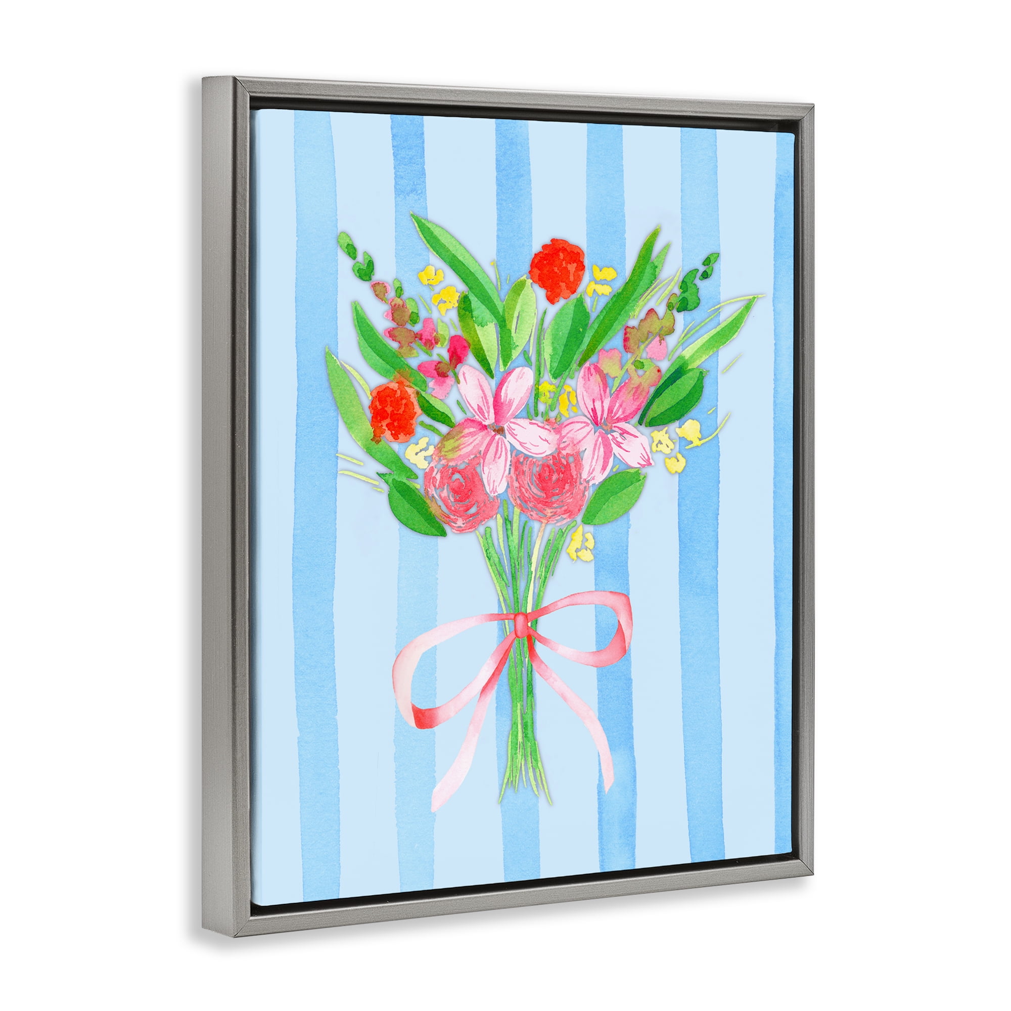 Blue and Pink Bouquet & Bow Gray Framed Floater Canvas Wall Art, design by Nina Jacobs