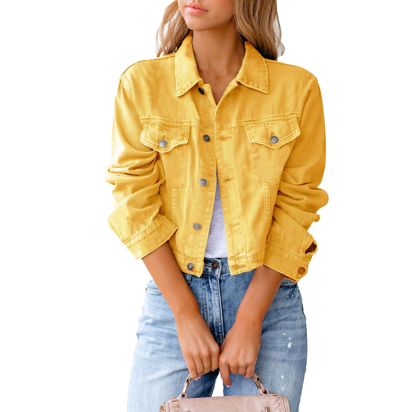 B.O.C. Boc Witner Jacket Turn-down Collar All Match Short Long Sleeve Solid Color Denim Jacket for Winter, Women's, Size: Medium, Yellow