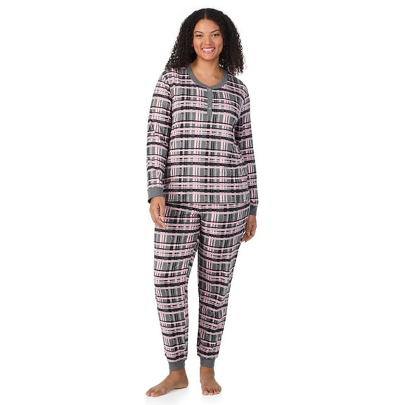 Aria Women’s Cozy Jersey Henley Pullover and Jogger 2pc Sleepwear Set, Sizes XS-4X