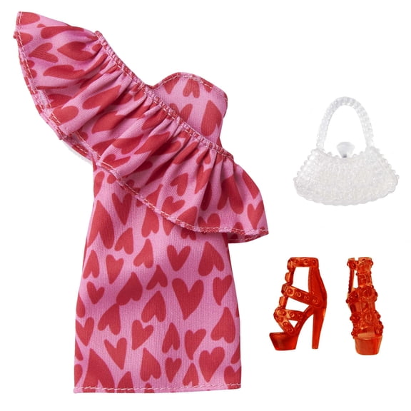 Barbie Fashions, Doll Clothing with One-Shoulder Heart Print Dress and Accessories