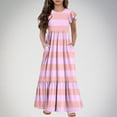 thumbnail image 2 of NaWent Girls Maxi Dress Short Sleeve Casual Long Color Block Dresses with Pockets 6-12 Years Pink 12 Years, 2 of 5