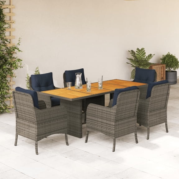 vidaXL 7 Piece Patio Dining Set with Cushions Gray Poly Rattan