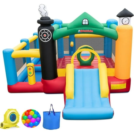 OLAKIDS Inflatable Bounce House with Blower, Kids Candyland Pink Jumping Castle with Slide Ball Pit Basketball Rim, Indoor Outdoor Inflatable Obstacle Course with 680W Blower 50PCS Balls Carry Bag