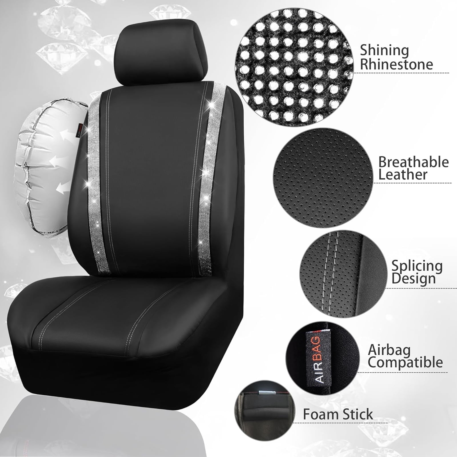 Car-Grand Bling diamond Rhinestone Leather car seat covers front pair shinning spark glitter crystal cute universal fit automotive glitter SUV truck sedan women girly Silver