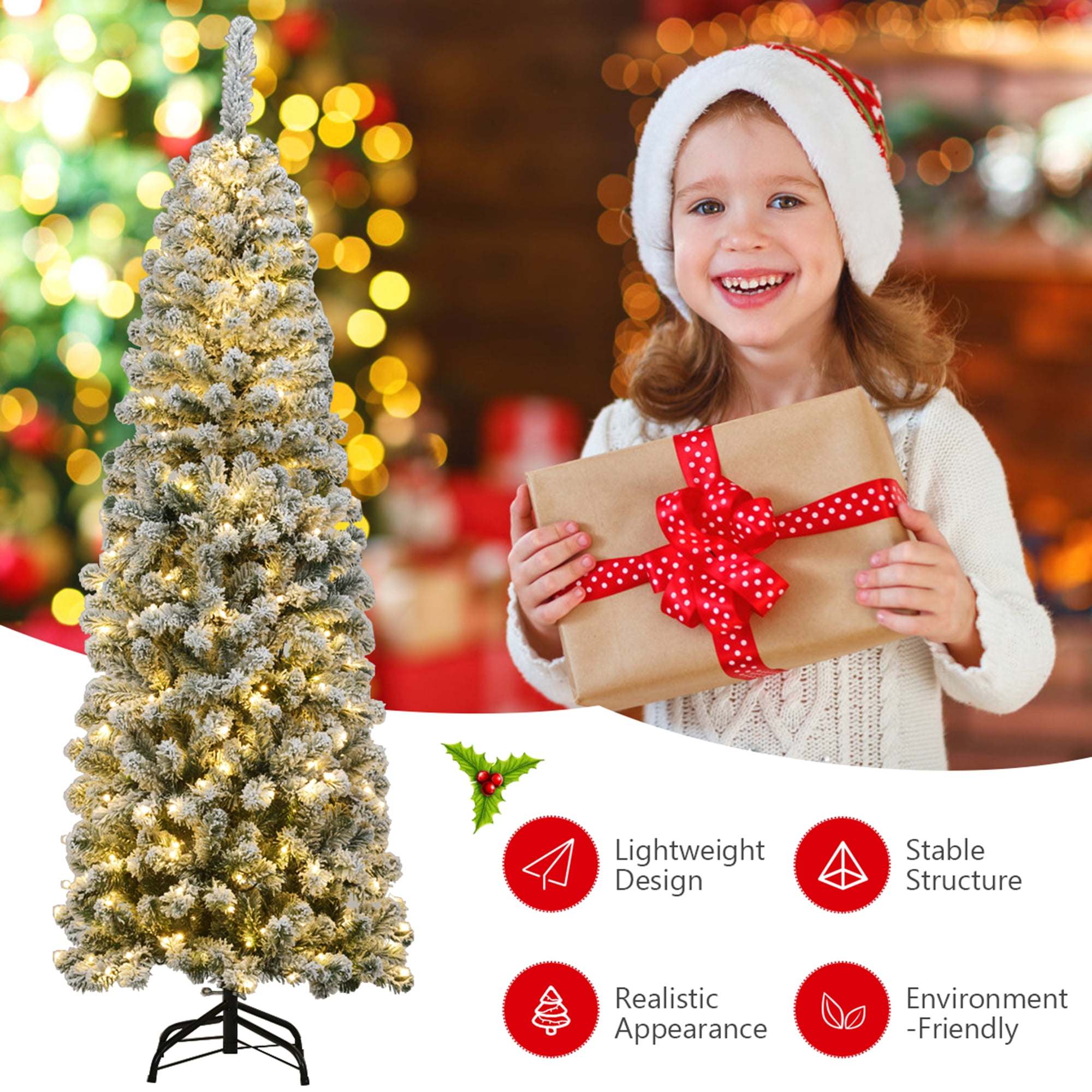 Gymax 6ft Pre-lit Pencil Snow Flocked Pencil Christmas Tree Holiday Decoration