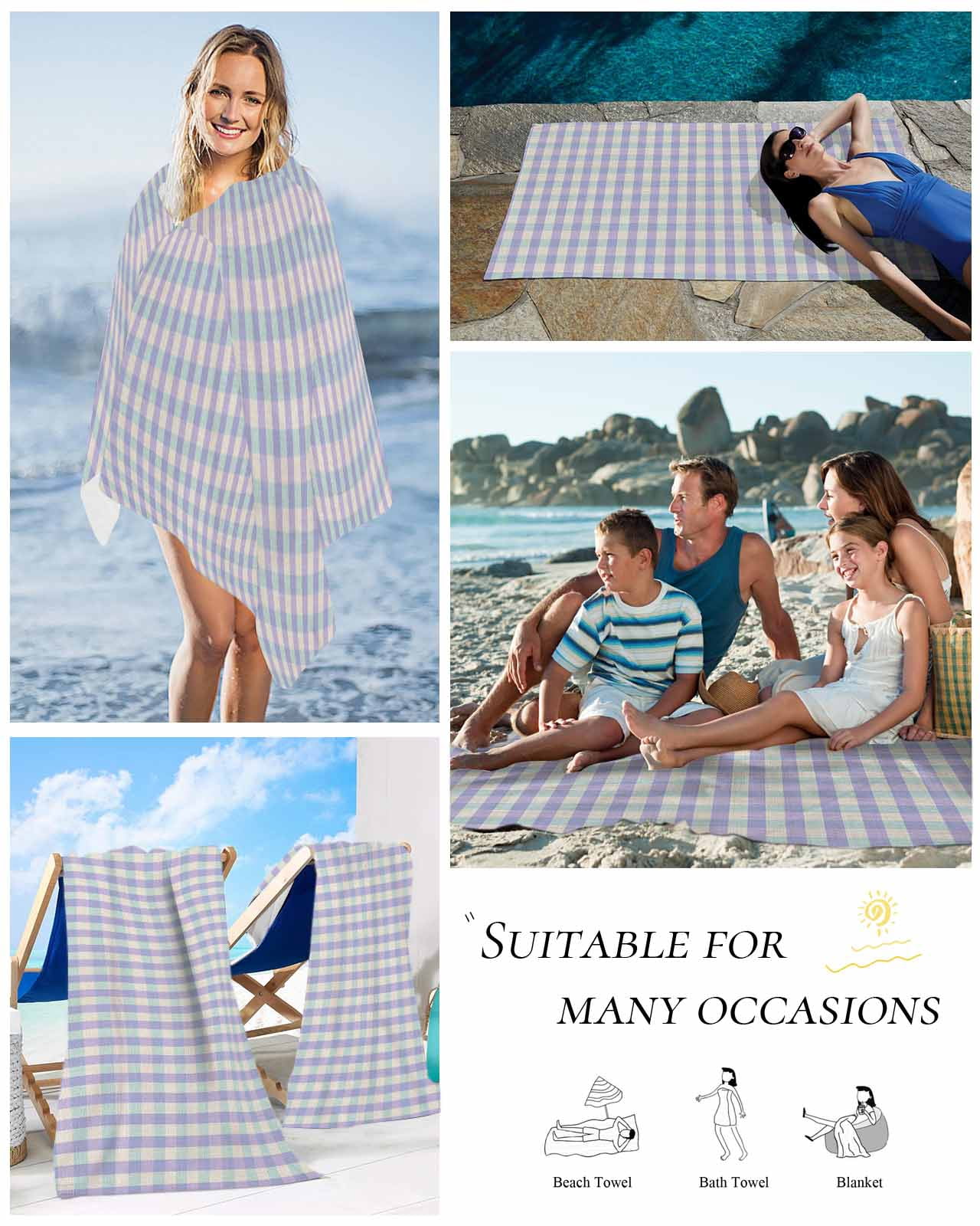 Purple Beach Towels Oversized Super Absorbent, Grid Checkered Plaid Gingham Lattice Trellis Lightweight Bath Towel Quick Dry Sets For Bathroom/Pool/Rv Camping/Beach Play/Gym Room/Picnic 23"x47"