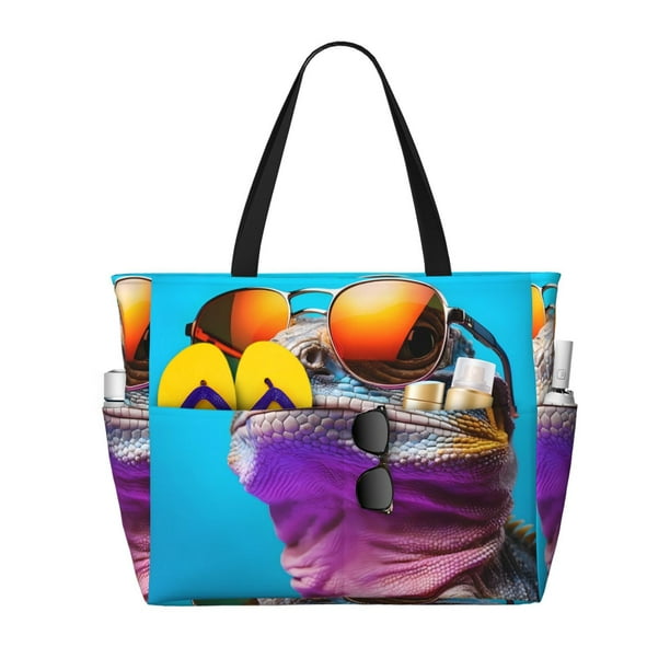 Fotbe Lizard With Sunglasses Colorful Bolsa de Viaje para Playa - Resistente al Agua, Bolsa Tote de Gran Capacidad y Ligera con 7 Bolsillos para Mujeres y Hombres