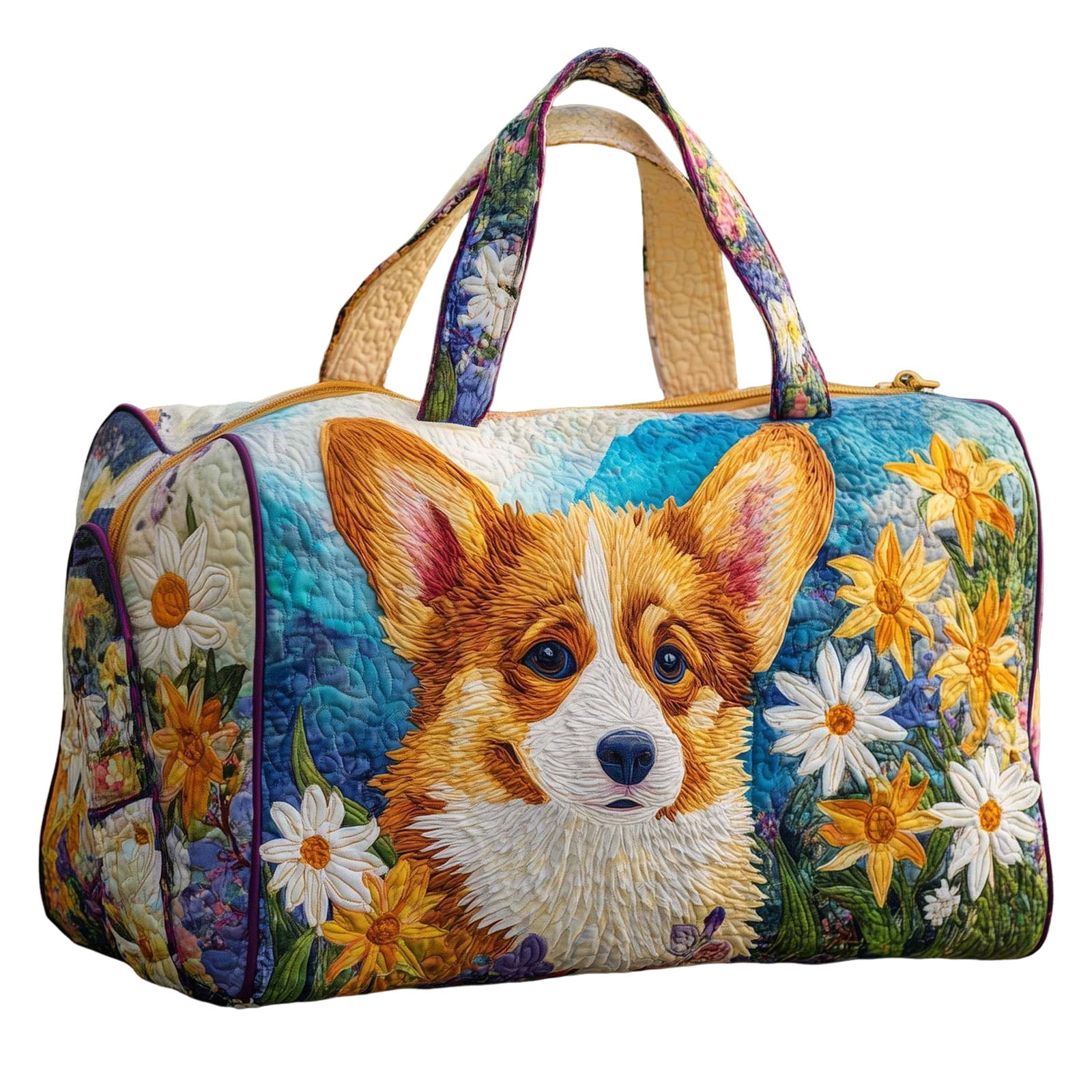 Dwellin Tote Bag for Women Lightweight Puffy Quilted Canvas Handbags Cute Dog Cat Print Shoulder Top Handle Satchel for Work Travel Q-L 18X9X9