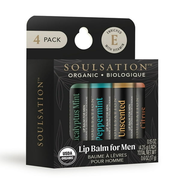 Soulsation Organic Lip Balm Set 4 Sabores - Para hombres Hidratante para labios agrietados y secos