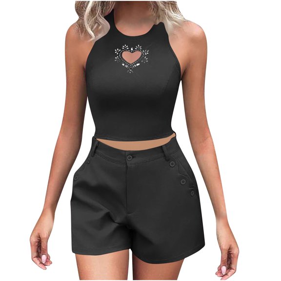 Women 2 Piece Outfits Sleeveless Crop Tank Top and High Waist Shorts Set Summer Casual Matching Set with Pockets