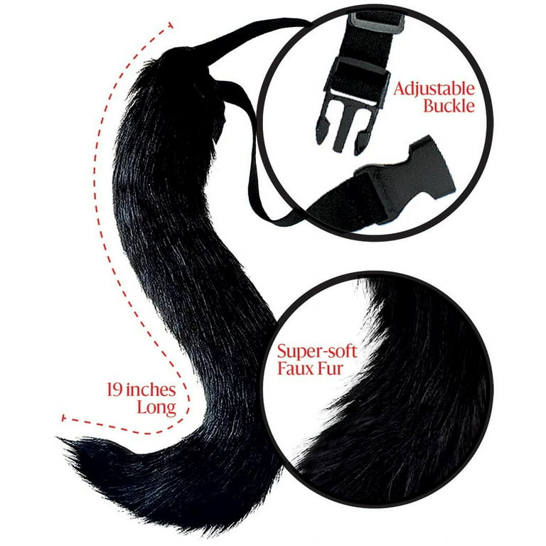 Large Furry Black Cat Tail Costume Accessory. Faux Fur Long