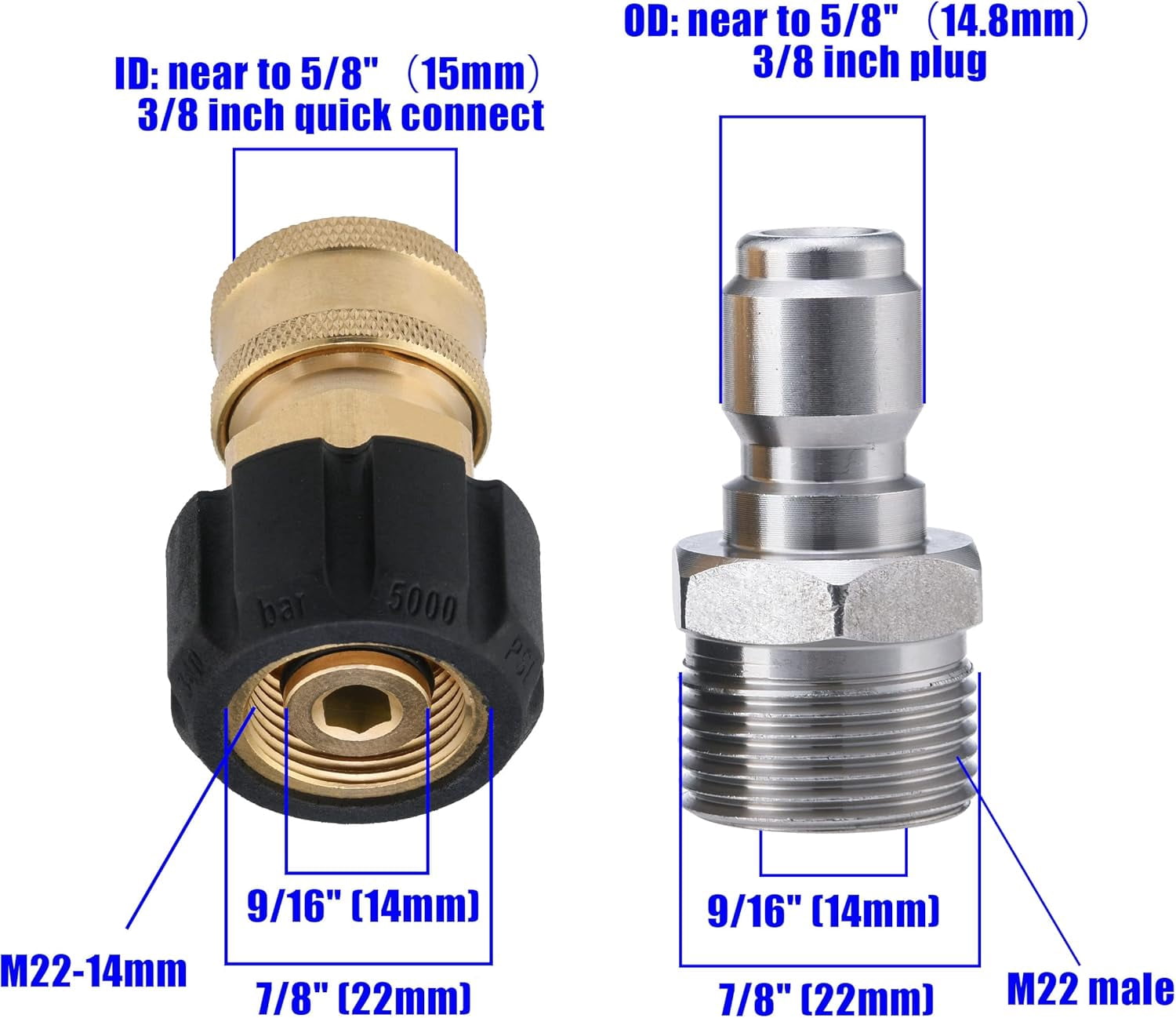 HRTGFD-Pressure Washer Adapter Set, M22 to 3/8" Quick Connect for Pressure Washer Hose, M22 14mm to M22 Metric Fitting, 5000 PSI