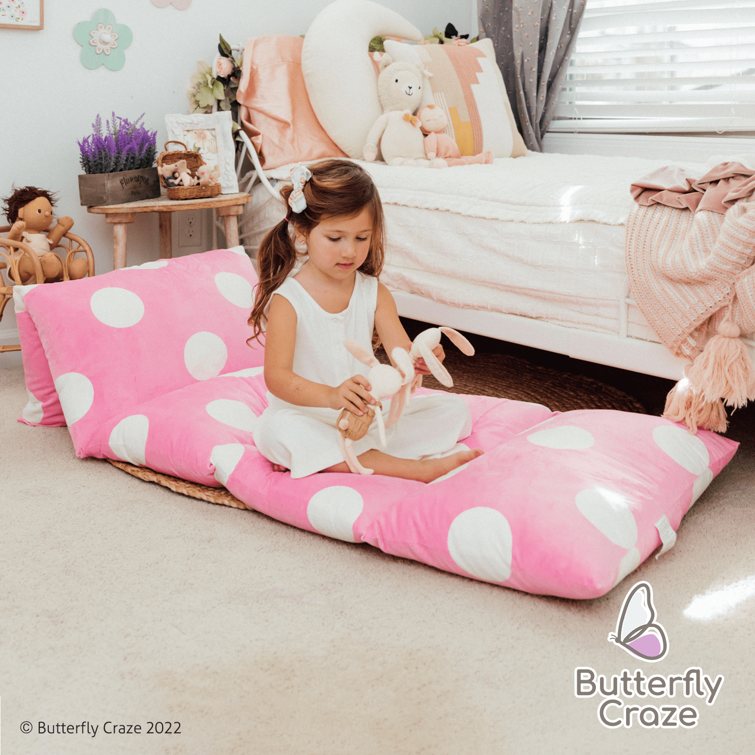Butterfly Craze Floor Pillow Bed Lounger Cover, Cozy & Stylish Seating Solution for Kids & Adults, Recliner Floor Cushion for Ultimate Comfort, Holds 5 Pillows, Cover Only, Light Pink Polka Dot, King