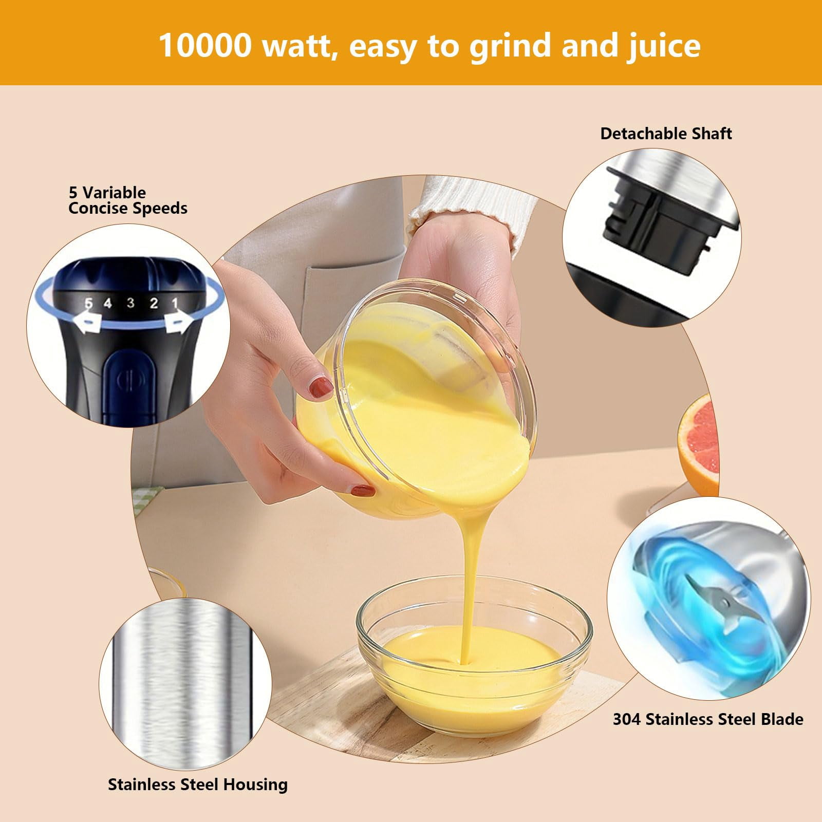 Electric Immersion Hand Blender Portable Stick Mixer 5 Mixing Speed, Meat Grinder with Stainless Steel Blades Meat, Vegetable, Fruit, Baby Food