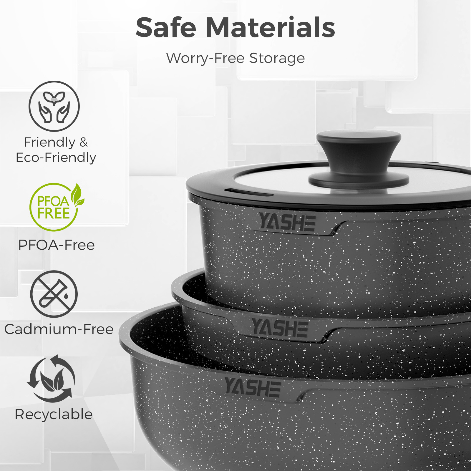 YASHE 9 Pcs Nonstick Cookware Set with Detachable Handle, Stackable Pots and Pans Set, Induction Compatible, Oven Safe, Space Saving Kitchen Cookware for Home & RV