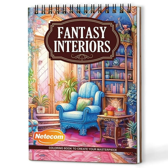 Netecom Fantasy Interiors Coloring Book Spiral Bound for Adults, A5 Wooden Cover, 30 Enthralling Houses Coloring Pages of Fanciful Worlds for Stress Relief and Relaxation