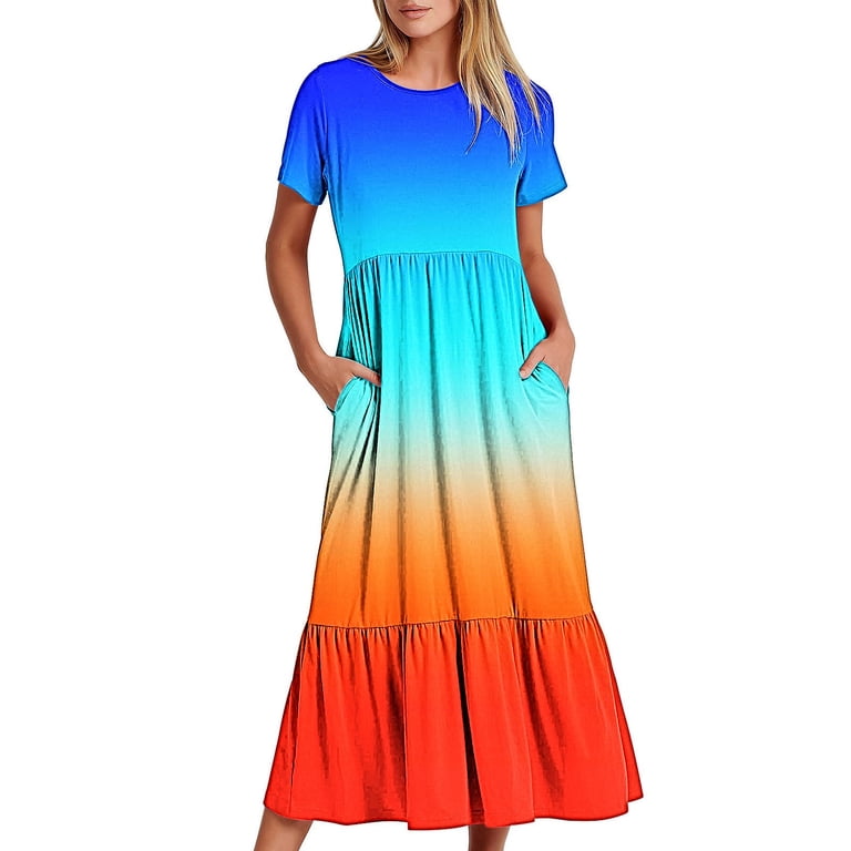 asdoklhq formal Dresses for Women Summer Casual Short Sleeve Crewneck Dress Casual Flowy Tiered Maxi Beach Dress with Pockets Gradient Print Dress Multicolor S - Walmart.com asdoklhq formal Dresses for Women Summer Casual Short Sleeve Crewneck Dress Casual Flowy Tiered Maxi Beach Dress with Pockets Gradient Print Dress Multicolor S - Walmart.com