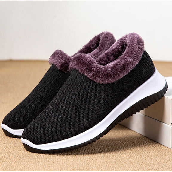 CPNG Black Knit Winter Slip-On Shoes with Purple Plush Fleece Lining, Breathable Upper, Non-Slip Rubber Sole, Cozy Warm for Cool Weather, Indoor & Short Outdoor Walks, Easy On-Off Daily Wear
