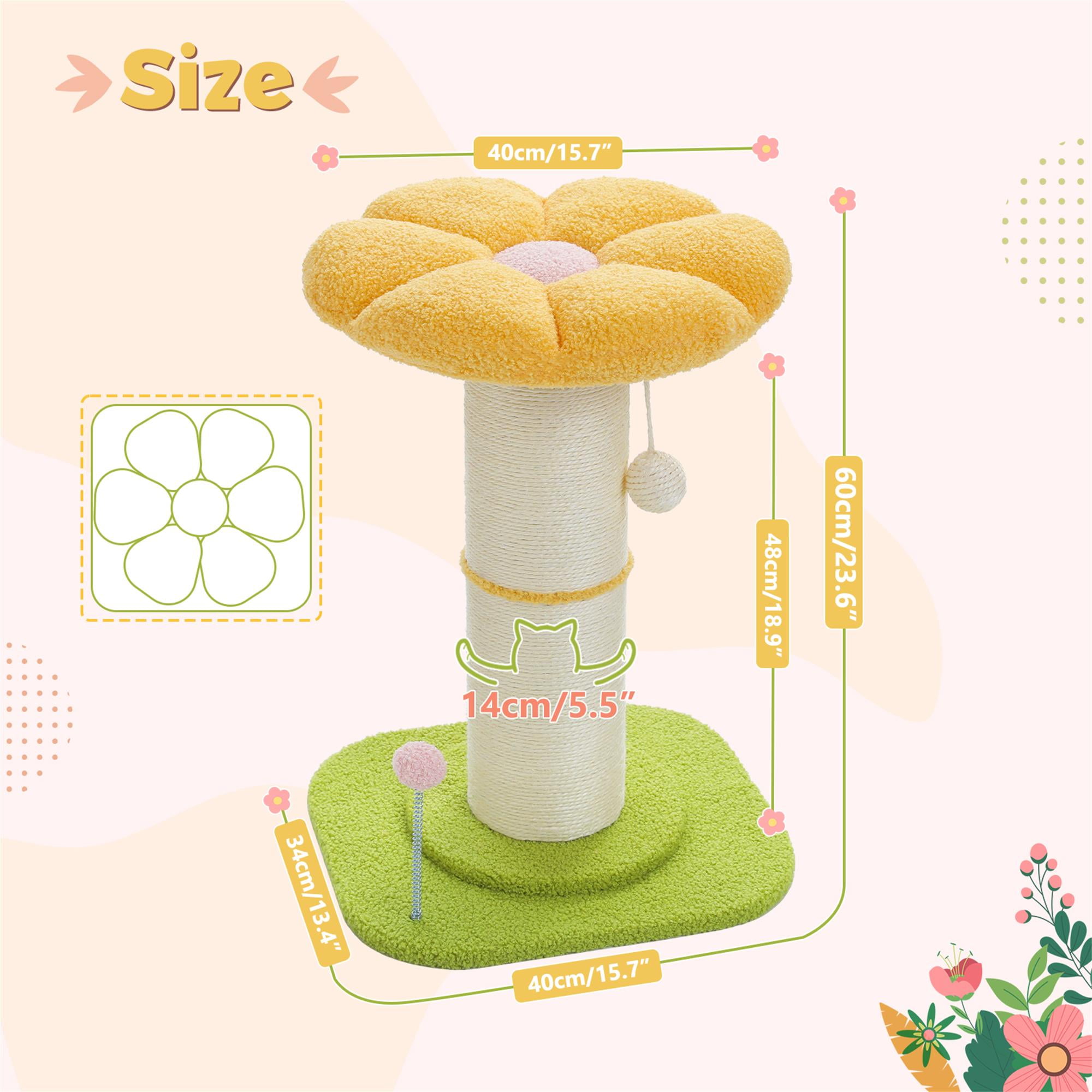 Kadyn 23" Cat Scratching Post, Small Cat Scratcher Tree for Indoor Cats with Removable Flower Cat Bed, Cat Tree Tower with Spring Ball, Yellow