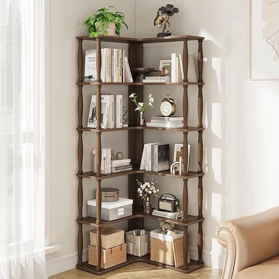 Vividwood 6 Tier Corner Bookshelf, L Shaped Bookcase with Solid Wood Posts,Vintage American Display Shelf for Home Office, Living Room, Bedroom, Kitchen