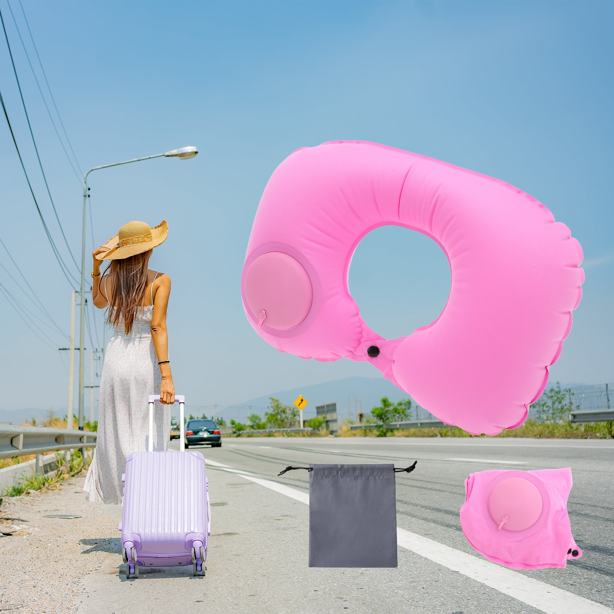 Unique Bargains Travel Pillow Press to Inflate Neck Pillow Pink 15.75"x11.02"
