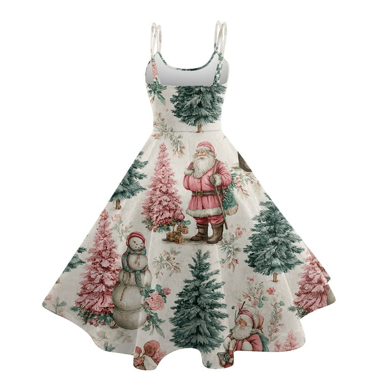 YIFUNIN Women's Christmas Print Casual Fashion Round Neck Mid-Length Dress with Vintage Style for Holiday Parties and Casual Outings,Light Green,XL