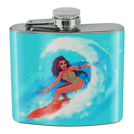 

Surfer Girl Surfing On Wave With Surfboard Stainless Steel 5oz Hip Drink Kidney Flask