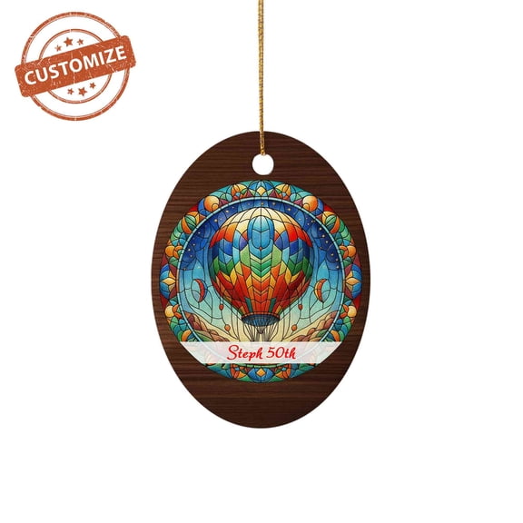 Customizaholic Hot Air Balloon Personalized Ornament, Custom Name 50th Birthday Gift, Colorful Stained Glass Style Holiday Decoration