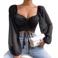 thumbnail image 2 of Women Tops Puff Sleeve Sexy Close-Fitting Drawstring V-neck Hot Tee Shirts, 2 of 10