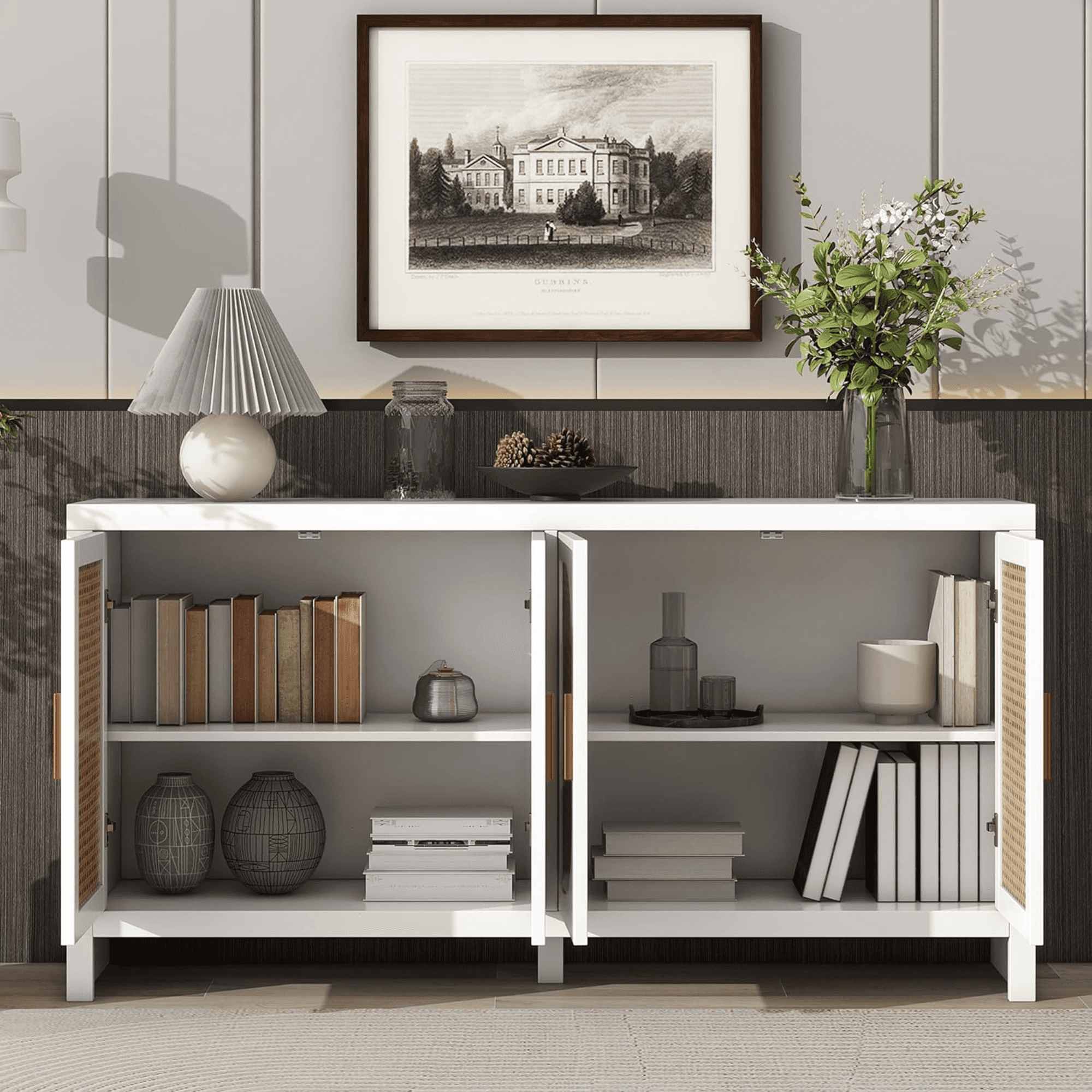 Modern Rattan Sideboard Buffet Cabinet, Kitchen Storage Cabinet, Living Room TV Stand for TVs up to 65", Entertainment Center with Adjustable Shelf, for Dining Living Room Hallway, White