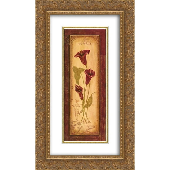 Crimson Blooms I 2x Matted 12x24 Gold Ornate Framed Art Print by Jo Moulton