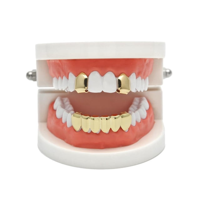 2pcs Top & 6Botto Grills Tooth 18k Golden Boca Dientes Grills Bling Hip Hop - Oro Hugo Tapas de parrillas para dientes bucales