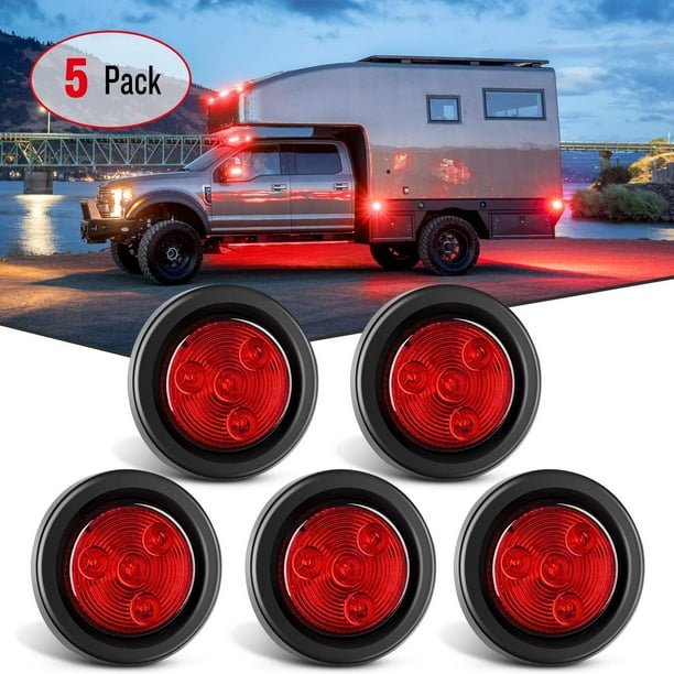 5-Pack Of 2-Inch Round Red LED Side Marker Lights - 12V, 7 LEDs Each - For Trailer, Truck, RV Clearance Lighting