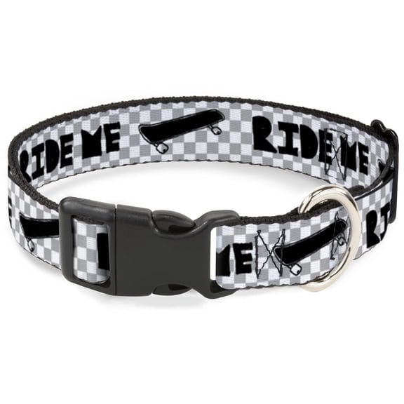 Buckle-Down Pet Collar, Dog Collar Plastic Buckle, Ride Me Skateboard Mini Checker White Gray Black, 7 to 8.5 Inches 0.5 Inch Wide