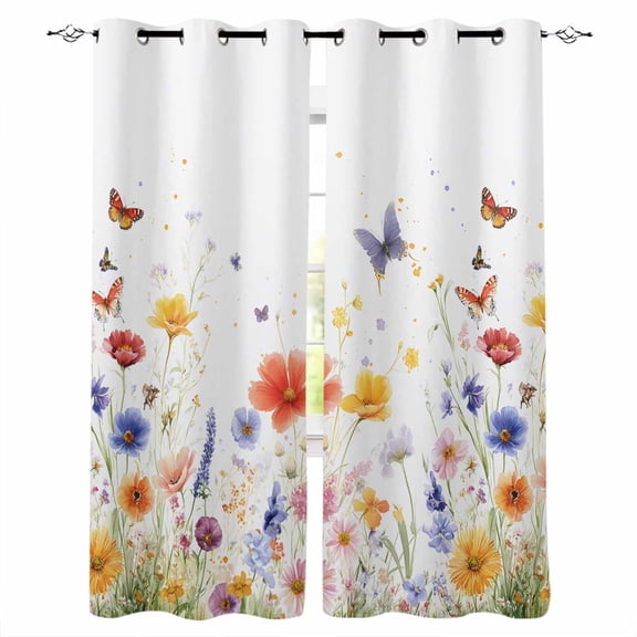 Spring Floral Blackout Curtains for Bedroom/Living Room, Thermal Insulated Kitchen Curtains, Butterfly Summer Botanical Grommet Darkening Window Treatment Drapes 27.5"x39"x2