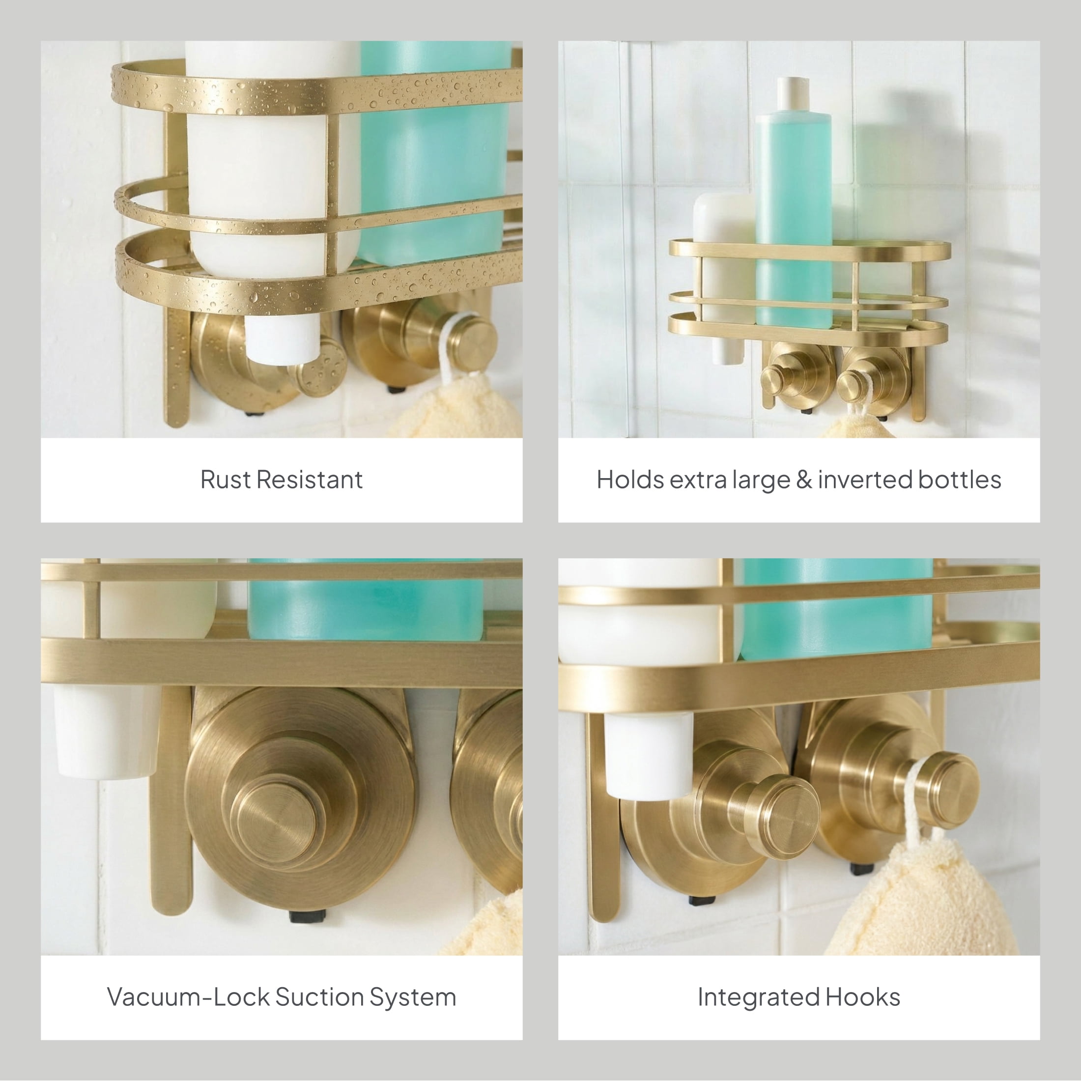Better Homes & Gardens StyleGrip Suction Mount Shower Caddy with Hooks, Brass