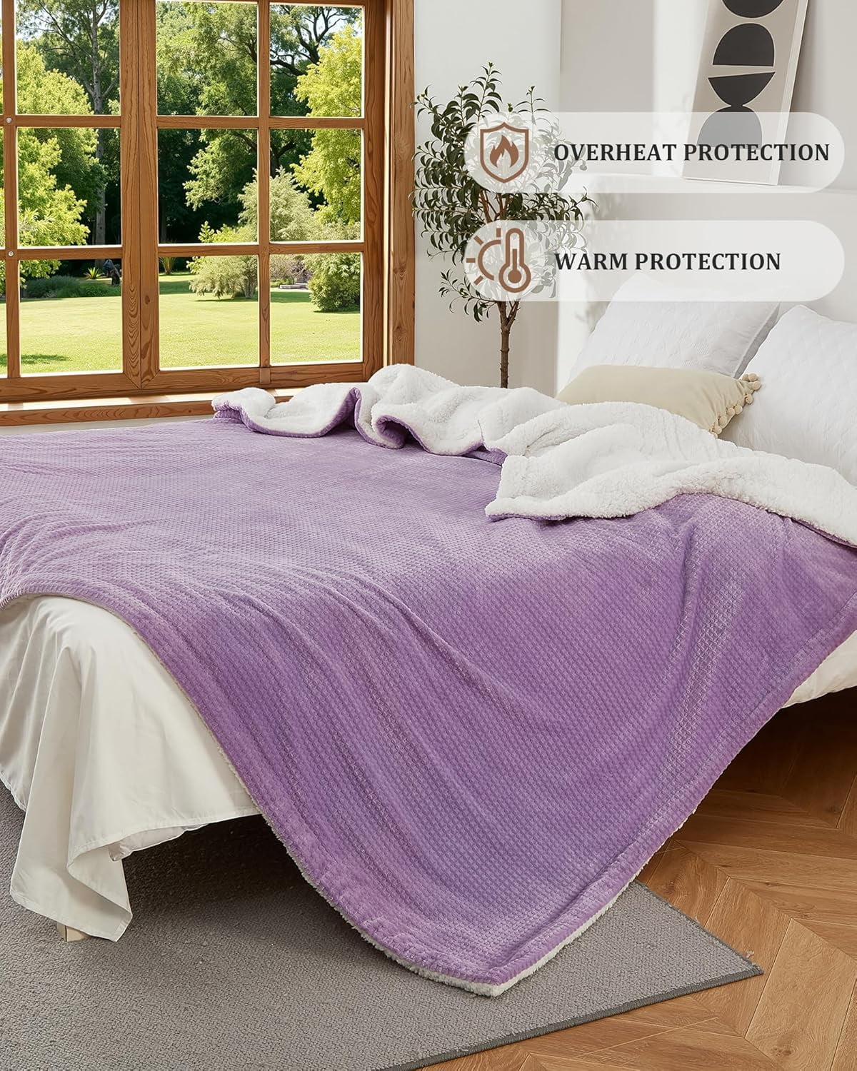 GARVEE Electric Blanket Queen Size with Dual Control,90"x84" Soft Flannel Waffle Heated Blankets,4 Heating Levels & 10 Hours Auto Off,Purple